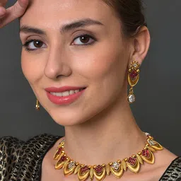 SOHI Gold-Plated Pearl & Stone-Studded Meenakari Necklace & Earrings Set image 4