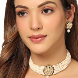 nvr Gold-Plated Green Kundan Studded Jewellery Set Necklace & Earrings-picture-35