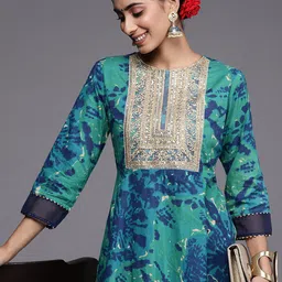 Indo Era Turquoise Blue Tie & Dye Dyed Zari Sequined High Low A-Line Kurta with Trousers image 4