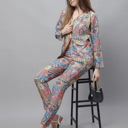 JAINISH Digital Women Printed Lapel Jacket With Crop-Top & Trousers Co-Ords image 3