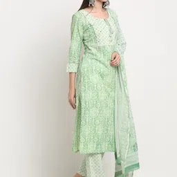 KALINI Women Green Ethnic Motifs Printed Mirror Work Pure Cotton Kurta with Trousers & With Dupatta image 4