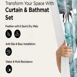 Kuber Industries White & Blue 3 Pieces Floral Printed Bathroom curtain and Bathrugs-image-98