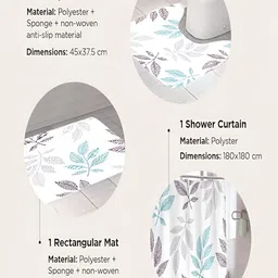 Kuber Industries White & Blue 3 Pieces Floral Printed Shower Curtain & Bathmat Set image 2