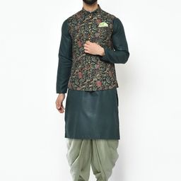 KISAH Mandarin Collar Pure Cotton Kurta with Dhoti Pants with Printed Nehru Jacket-picture-43