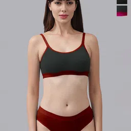PIBU Pack Of 3 Colourblocked Non-Padded Cotton Bra With Bikini Brief-picture-20