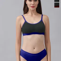 PIBU Pack Of 3 Colourblocked Non-Padded Cotton Bra With Bikini Brief-picture-19