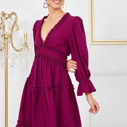 Styli Pink Puff Sleeves Dobby Knee Length Dress with Ruffle Detail-picture-17