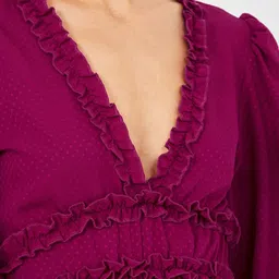 Styli Pink Puff Sleeves Dobby Knee Length Dress with Ruffle Detail image 3