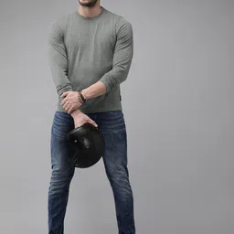 roadster Men Solid Round Neck Pure Cotton Grey T-Shirt image 4