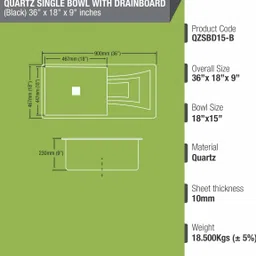 lipka Quartz Black Single Bowl Kitchen Sink with Drainboard 36x18x9 Inches With Sink Coupling, Vegetable Basket & PVC Wastepipe Vessel Sink image 2