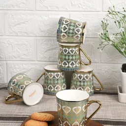 Femora Set of 6 Green & White Ethnic Motifs Printed Bone China Glossy Tea Cups 160 ml Each image 1