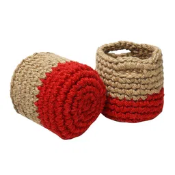 HABERE INDIA Red and Brown Set of 2 Color blocked Jute Crochet Baskets image 5