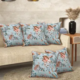 EasyGoods Anokhi Blue Set Of 5 Floral Printed Cotton Square Cushion Covers-picture-16