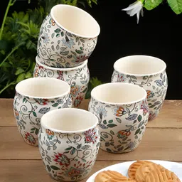 Arrabi White & Blue 6 Pieces Floral Printed Ceramic Glossy Kulladhs 220 ml Each-picture-4
