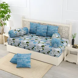 Salona Bichona Blue & Grey 8 Pieces Floral Printed Pure Cotton Diwan Set-image-28