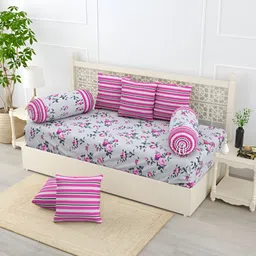 Salona Bichona Pink & White 8 Pieces Floral Printed Pure Cotton Diwan Set-picture-11