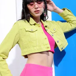Tokyo Talkies Women Lime Green Solid Crop Denim Jacket-picture-0