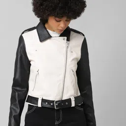 ONLY Women Beige Black Colourblocked Biker Jacket-picture-19