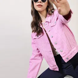 Tokyo Talkies Women Pink Solid Denim Jacket-image-78
