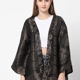 Cloth Haus India Women Black Cotton Longline Open Front Brocade Kimono Jacket-image-61