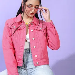 Tokyo Talkies Women Pink Solid Denim Jacket-picture-12