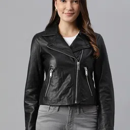 Woods Women Black Leather Crop Biker Jacket-image-95