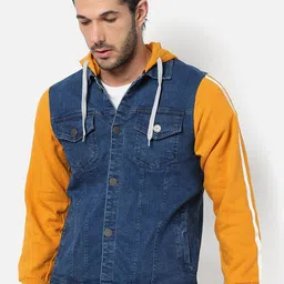 Campus Sutra Men Blue & Mustard Washed Colourblocked Crop Denim Jacket-image-43