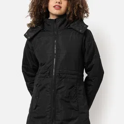 Campus Sutra Women Black Windcheater Outdoor Hooded Parka Jacket-picture-37