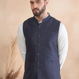 House of Pataudi jacquard Woven Design Nehru Jacket with Zari work image 3