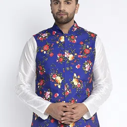 Benstoke Men Blue & Red Printed Woven Nehru Jacket-picture-24