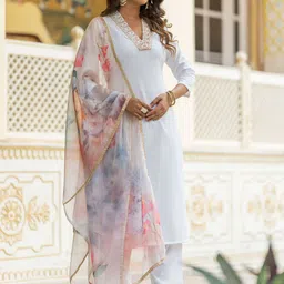Navlik Embroidered V Neck Straight Kurta & Trousers With Dupatta image 1