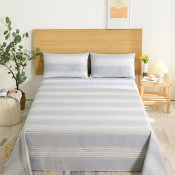 JC HOME Grey & White 144 TC Single Striped Cotton Bedsheet with 1 Pillow Covers-image-81