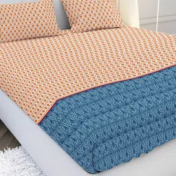 MAYFAIR HOMES LONDON Orange & Blue Floral 144 TC King Bedsheet with 2 Pillow Covers-image-20