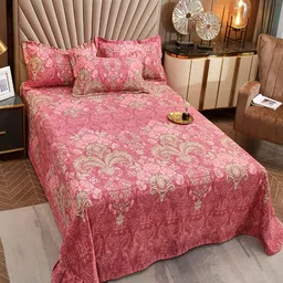 JC HOME Pink & Green Ethnic Motifs Cotton King Bedsheet with 2 Pillow Covers-picture-19