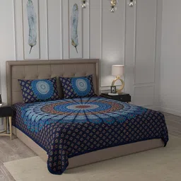 JAIPUR FABRIC Blue & Brown 180 TC Queen Ethnic Motifs Cotton Bedsheet with 2 Pillow Covers-picture-33