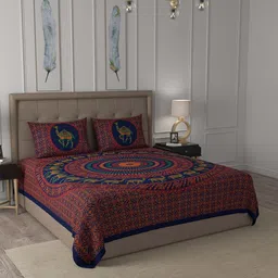 JAIPUR FABRIC Blue & Orange Floral 180 TC Cotton Queen Bedsheet with 2 Pillow Covers-image-40