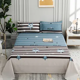 JC HOME Blue & Grey Striped 200 TC Queen Bedsheet with 2 Pillow Covers-picture-36