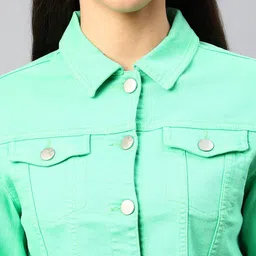 Xpose Women Green Washed Lightweight Crop Denim Jacket with Embroidered image 2