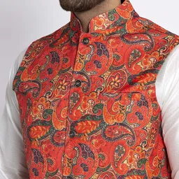 Benstoke Men Coral-Coloured Printed Woven Nehru Jacket image 2