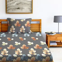 AEROHAVEN Grey & Brown Floral 210 TC Single Bedsheet with 1 Pillow Covers image 2