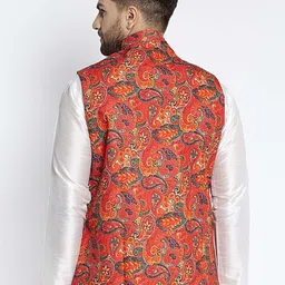 Benstoke Men Coral-Coloured Printed Woven Nehru Jacket image 4