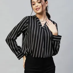 Casual Cap Sleeves Striped Women Black Top-image-53