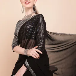 Sangria Black & Silver-Toned Embellished Sequinned Pure Georgette Saree-picture-15