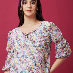 Globus Blue Abstract Printed Tie-Up Puff Sleeve Top-picture-40