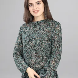 Fashfun Green Floral Print Georgette Top-image-35