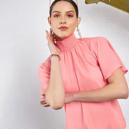 SASSAFRAS Peach-Coloured High Neck Flared Sleeve Smocked Georgette Top image 1