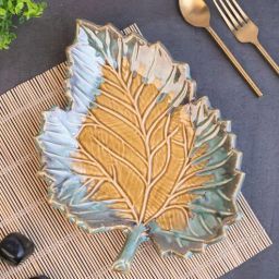 vareesha Mustard Studio Pottery Serrate Leaf Ceramic Platter-picture-0