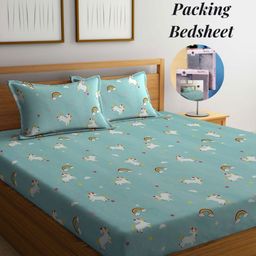 Arrabi Green & White Cartoon Characters 300 TC King Bedsheet with 2 Pillow Covers-picture-12
