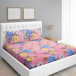 Aura Pink & Blue Floral 144 TC Queen Bedsheet With 2 Pillow Covers-picture-24
