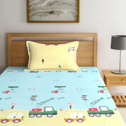 KLOTTHE Taupe & Blue Graphic 210 TC 2 Single Bedsheet with 2 Pillow Covers image 2